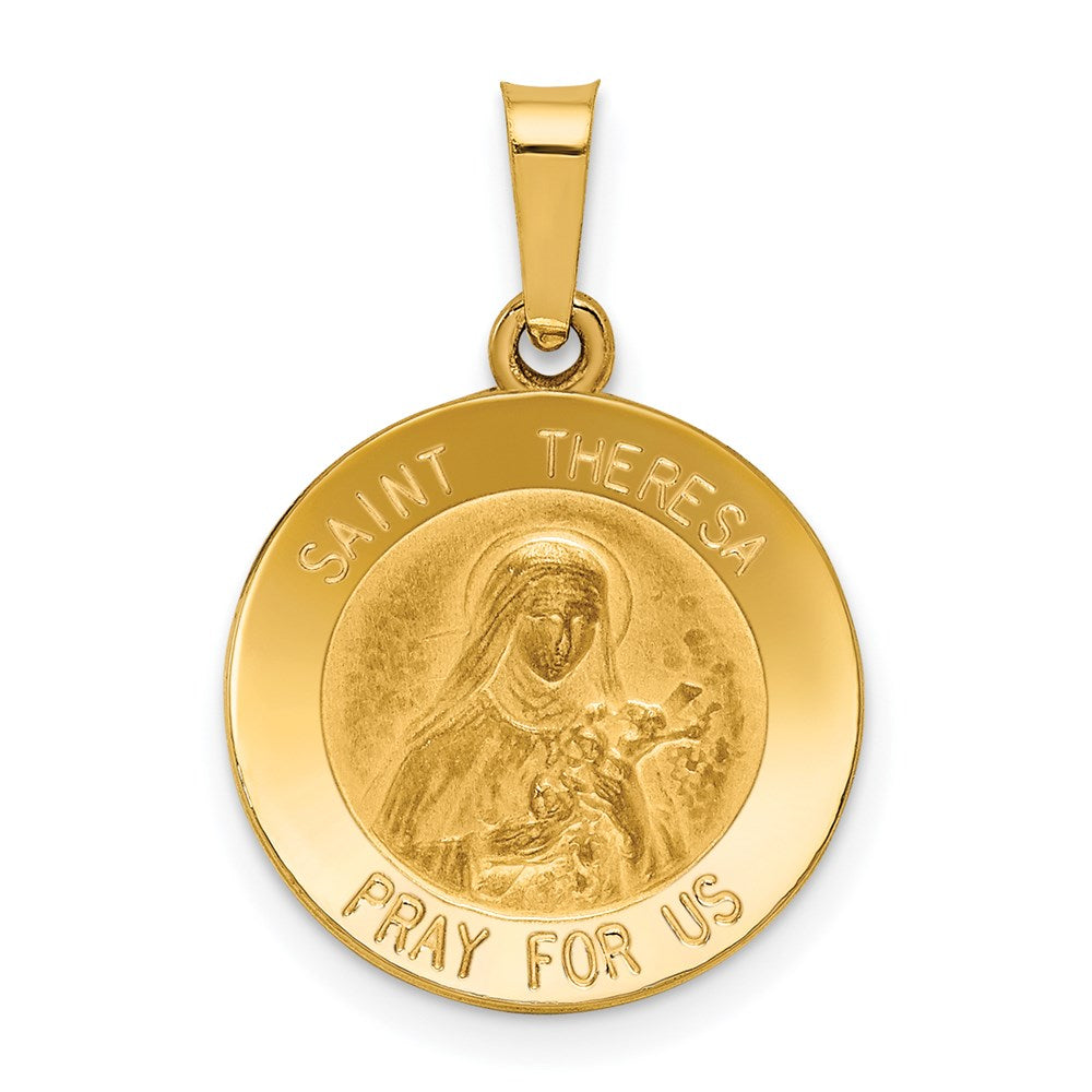 14k Polished and Satin Hollow St Theresa Medal Round Pendant, 18 x 15 mm