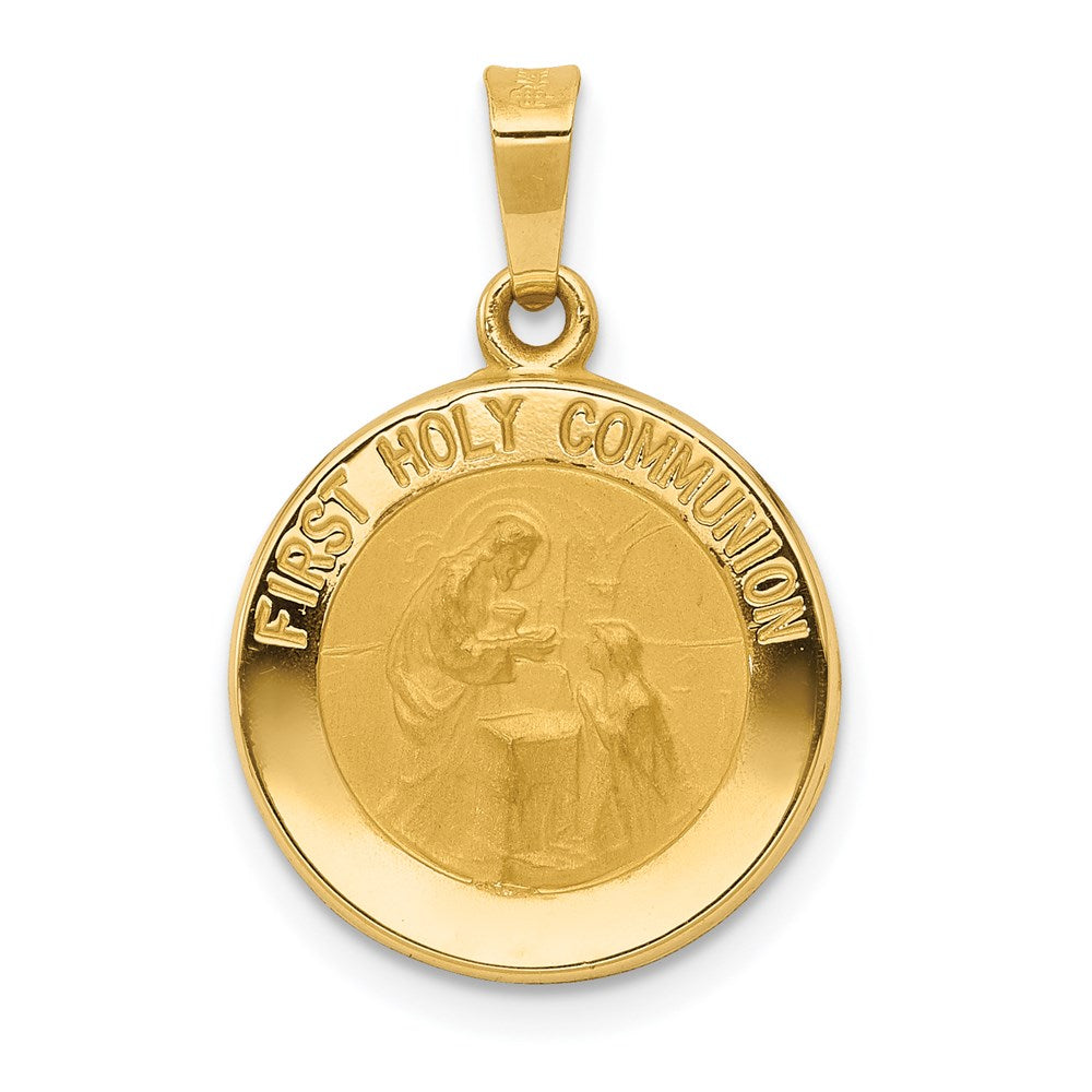 14k Polished and Satin Hollow FIRST HOLY COMMUNION Medal Round Pendant, 16 x 15 mm