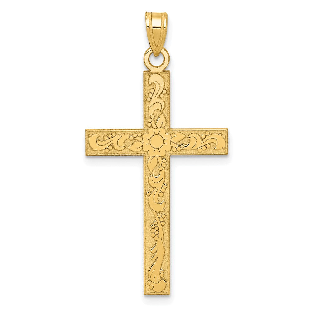 14k Etched Floral Cross Pendant, 37 x 19 mm