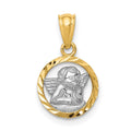 14K and White Rhodium Diamond-cut Cherub in Circle Pendant, 13 x 11 mm
