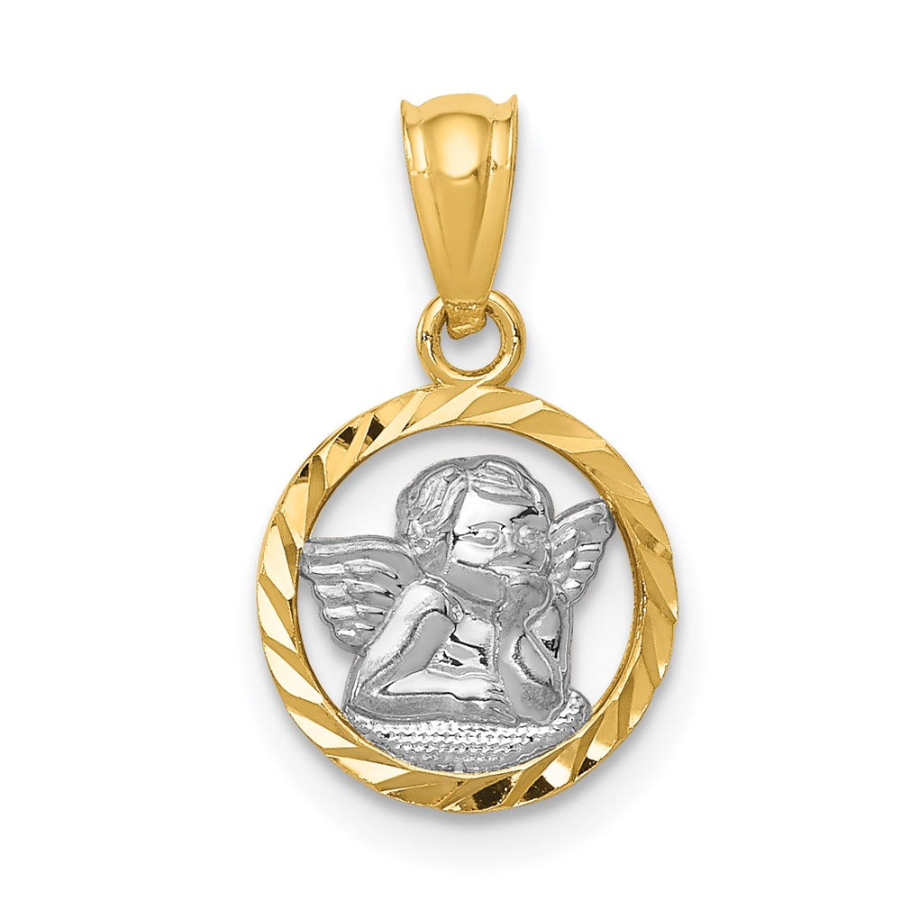 14K and White Rhodium Diamond-cut Cherub in Circle Pendant, 13 x 11 mm
