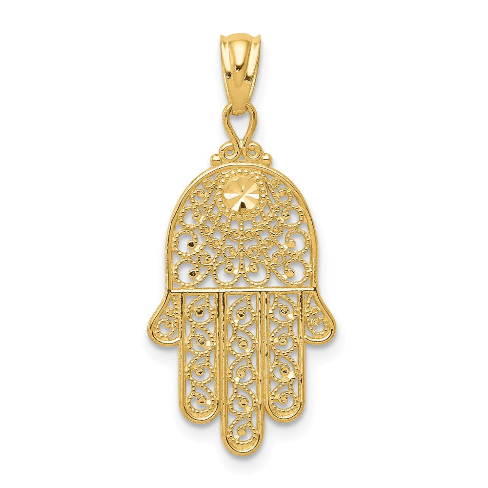 14k Hamsa Hand of God Filigree Pendant, 25 x 14 mm