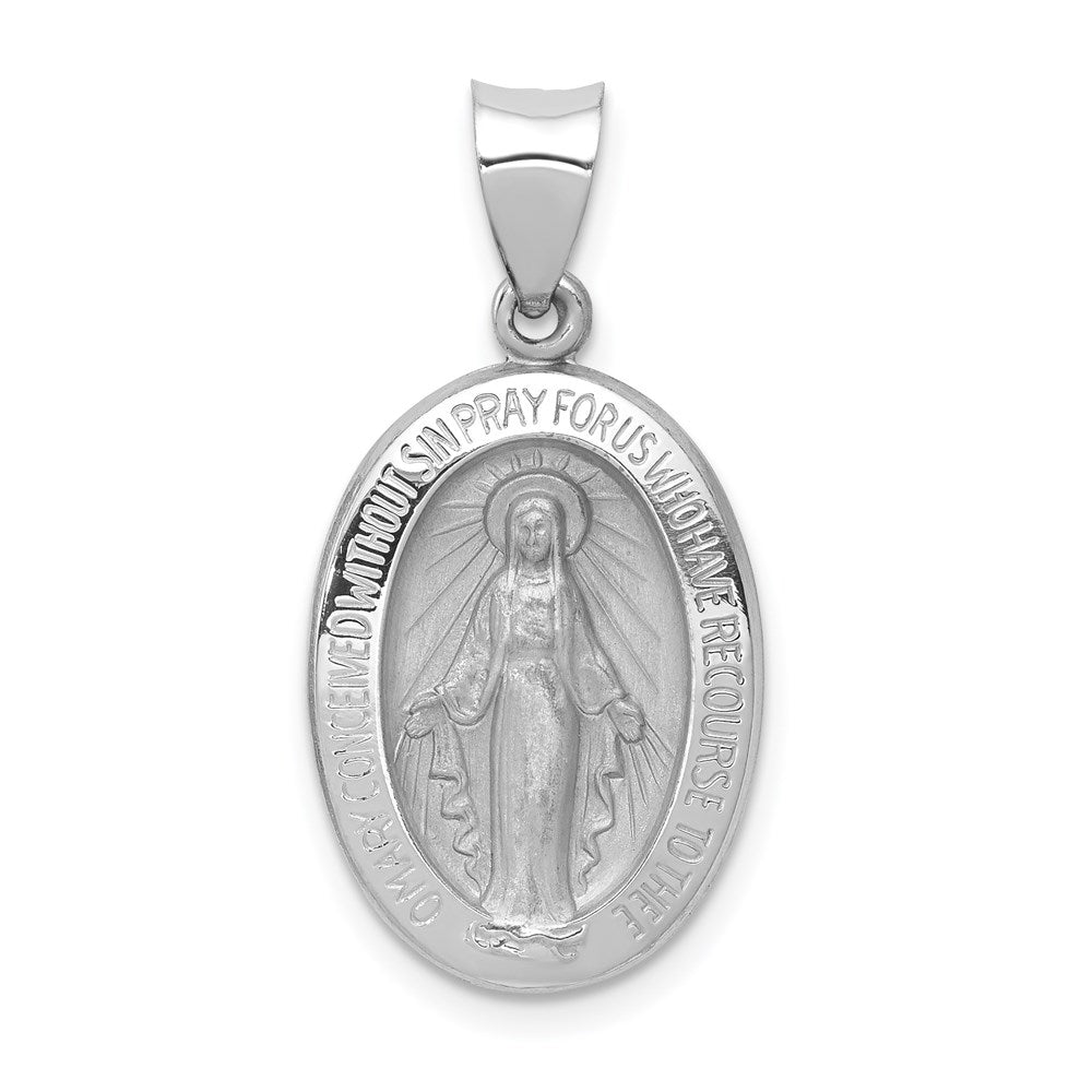 14k White Gold Polished and Satin Hollow Miraculous Medal Oval Pendant, 28 x 14 mm