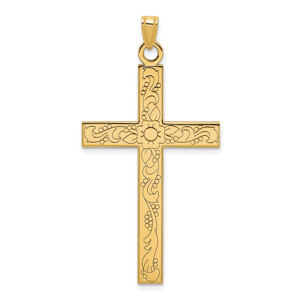 14k Etched Floral Design Cross Pendant, 49 x 25 mm