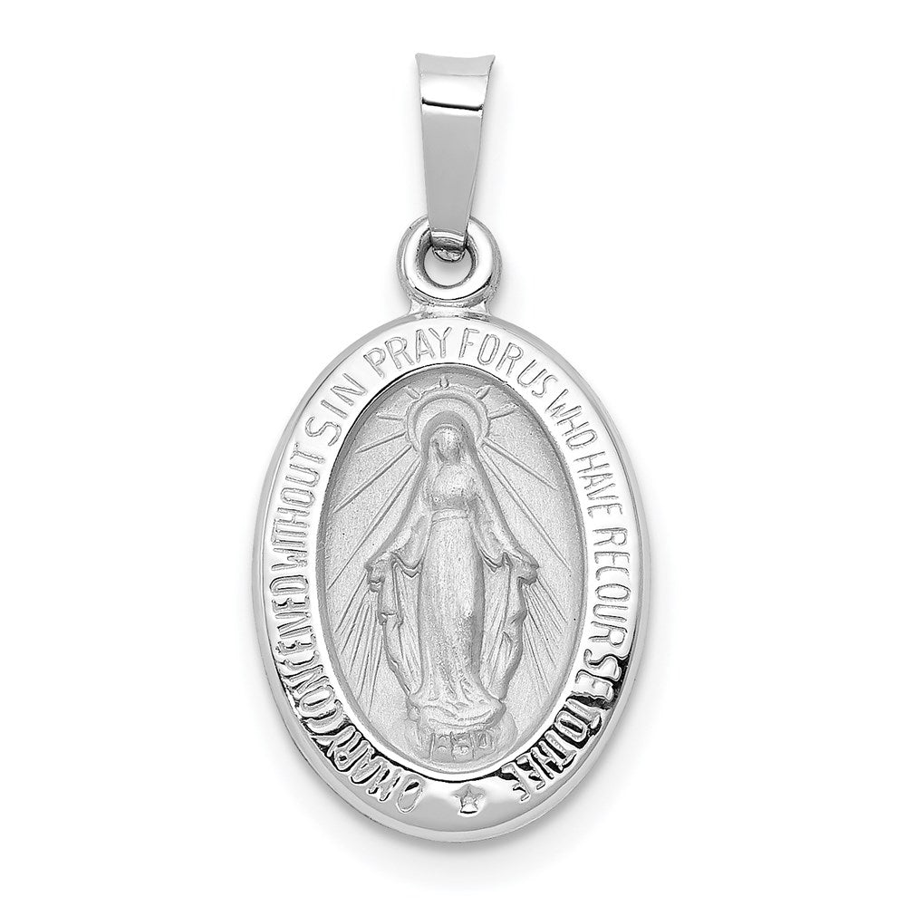 14k White Gold Polished and Satin Hollow Miraculous Medal Oval Pendant, 23 x 12 mm