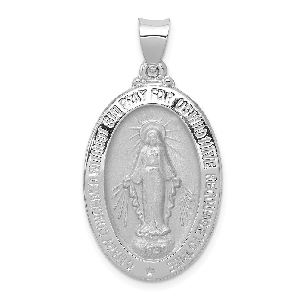 14k White Gold Polished and Satin Hollow Miraculous Medal Oval Pendant, 34.5 x 18 mm