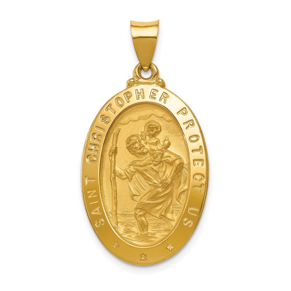 14k Polished and Satin Hollow St Christopher Medal Oval Pendant, 36 x 18.5 mm