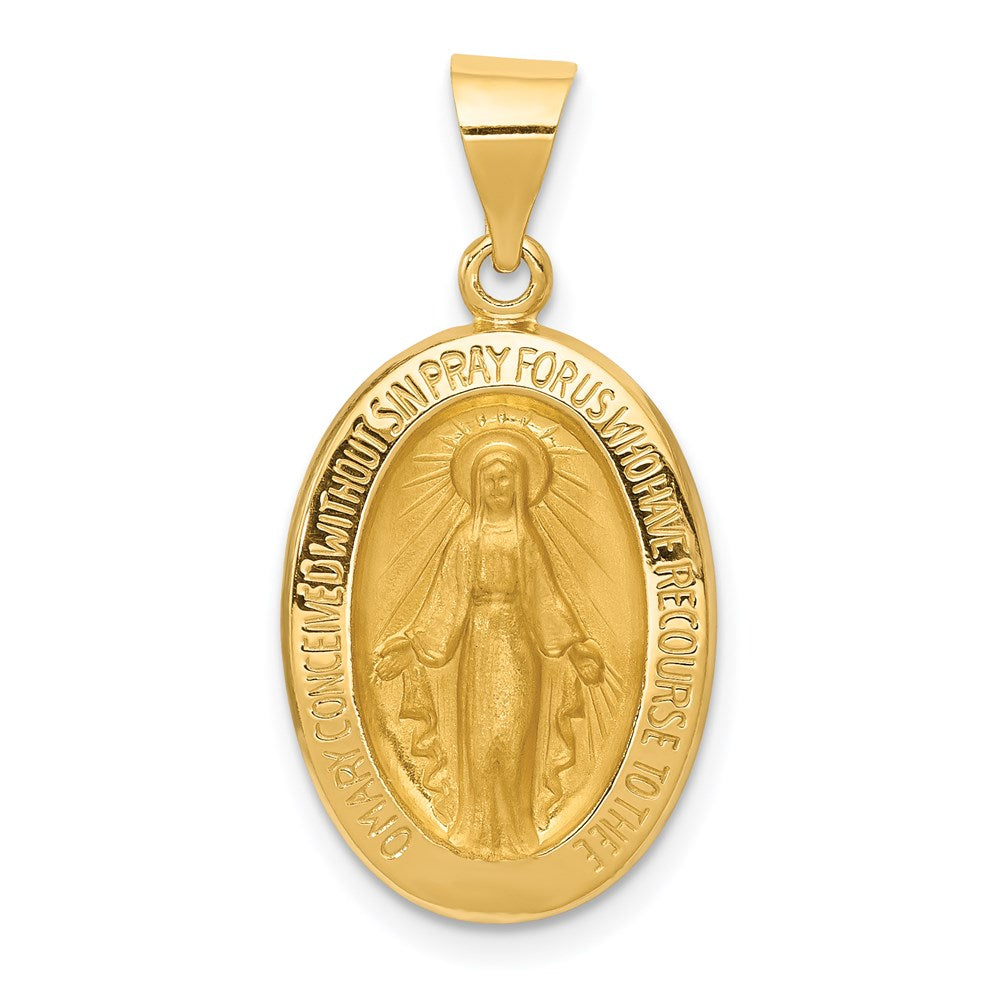 14k Polished and Satin Hollow Miraculous Medal Oval Pendant, 27.5 x 14 mm