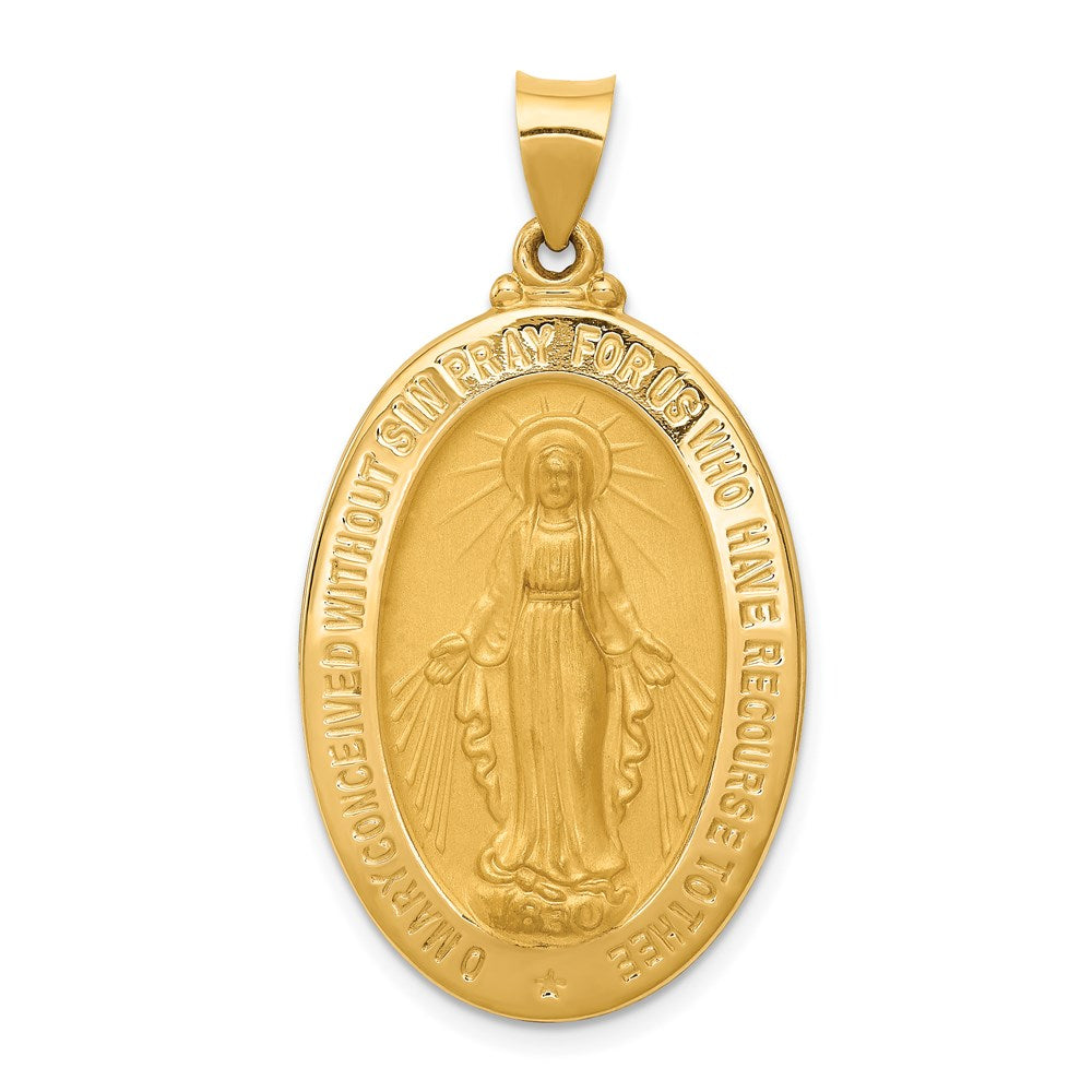 14k Polished and Satin Hollow Miraculous Medal Oval Pendant, 38.5 x 20.6 mm
