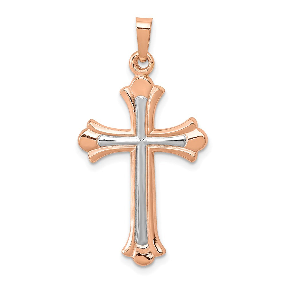 14K Rose Gold and White Rhodium Fleur de Lis Cross Pendant, 35 mm