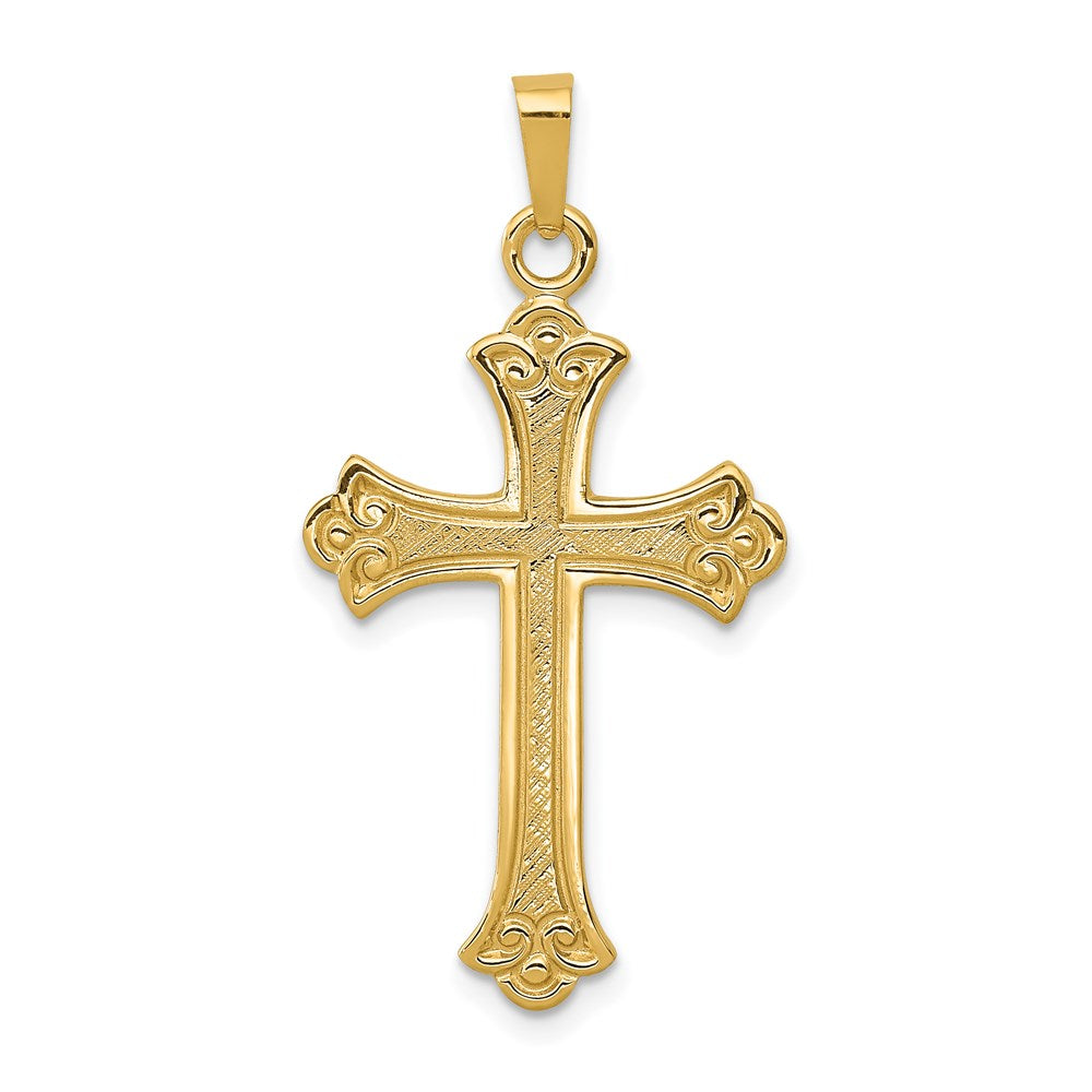 14k Textured and Polished Fleur de lis Cross Pendant, 24 x 18 mm