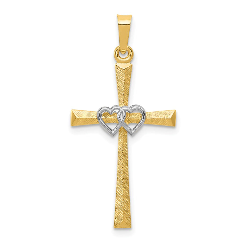 14K Two-tone Textured and Polished Latin Cross with Hearts Pendant, 32 mm