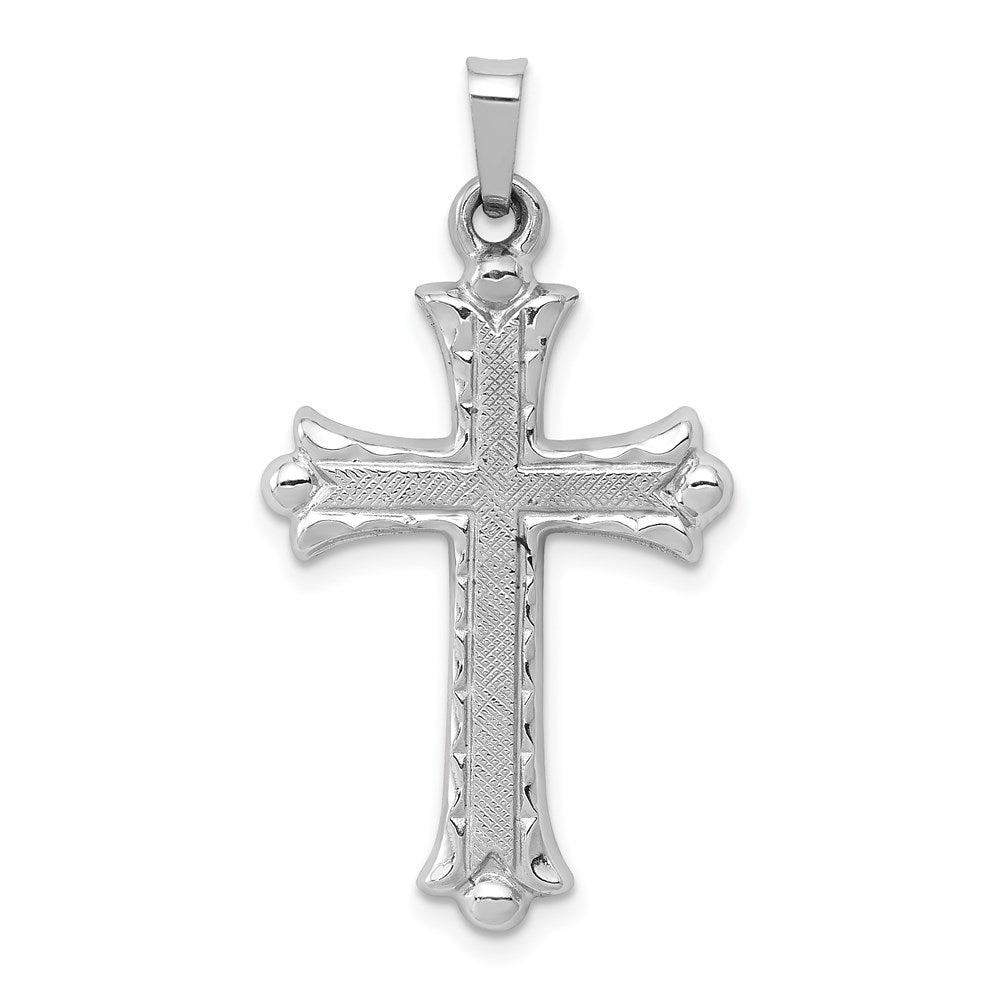 14K White Gold Textured and Polished Fleur de lis Cross Pendant, 35 x 18 mm