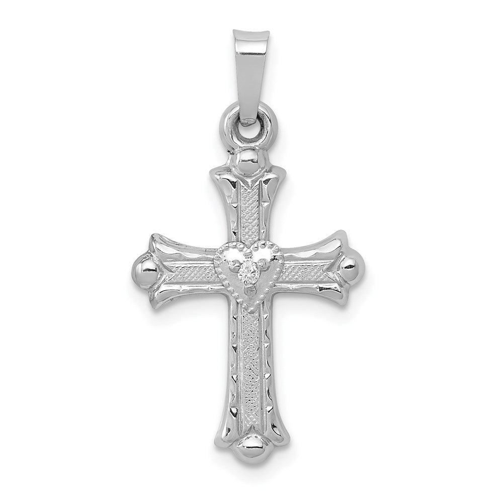 14K White Gold Diamond Fleur De Lis Cross with Heart Pendant, 0.01 ct, 27.2 mm