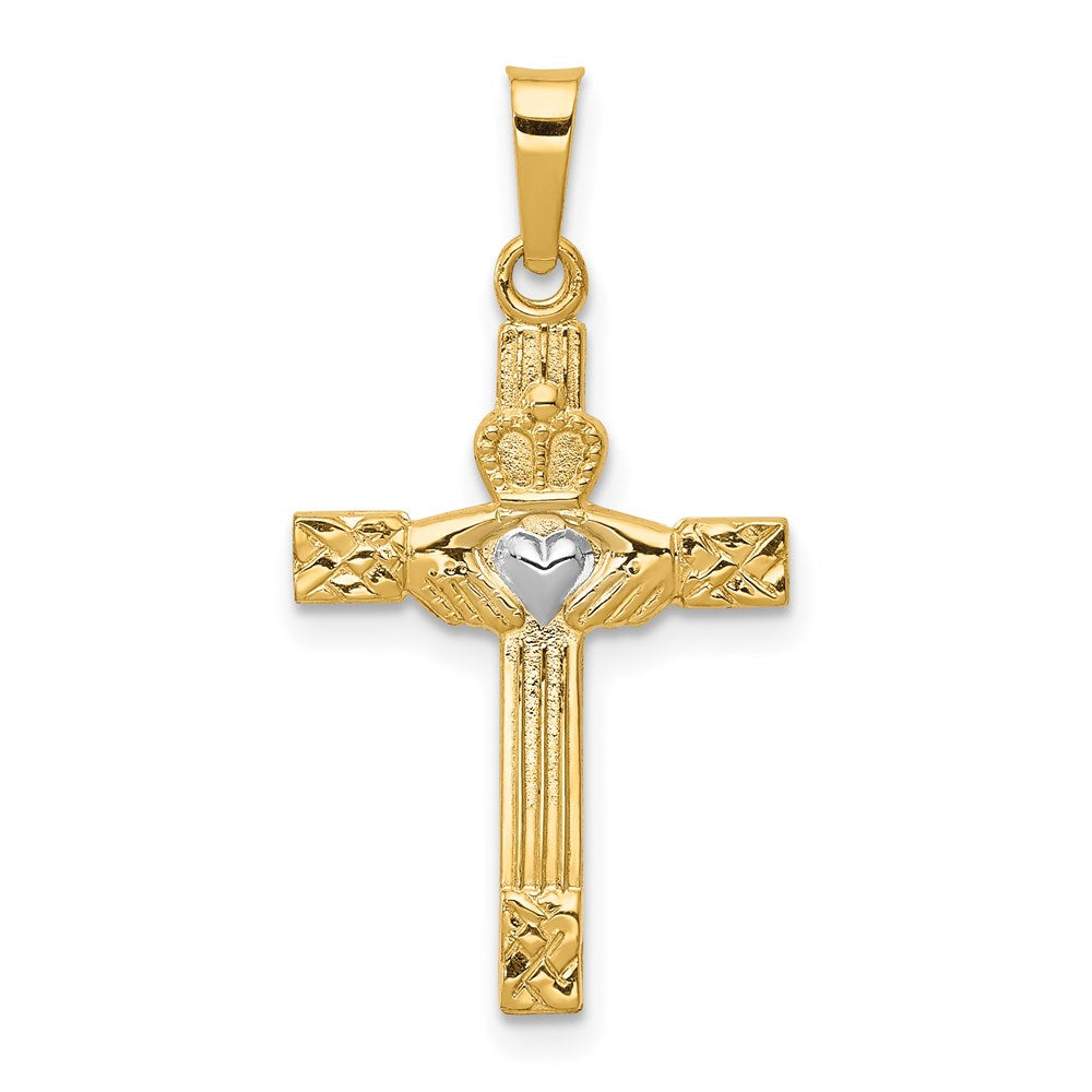 14k and White Rhodium Polished Claddagh Cross Pendant, 28 x 9.5 mm