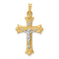 14k Two-Tone Textured and Polished INRI Crucifix Cross Pendant, 32.5 x 18 mm