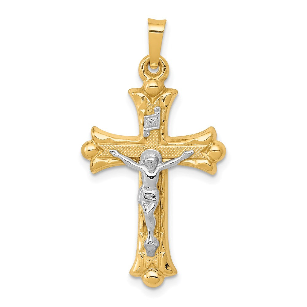14k Two-Tone Textured and Polished INRI Crucifix Cross Pendant, 32.5 x 18 mm