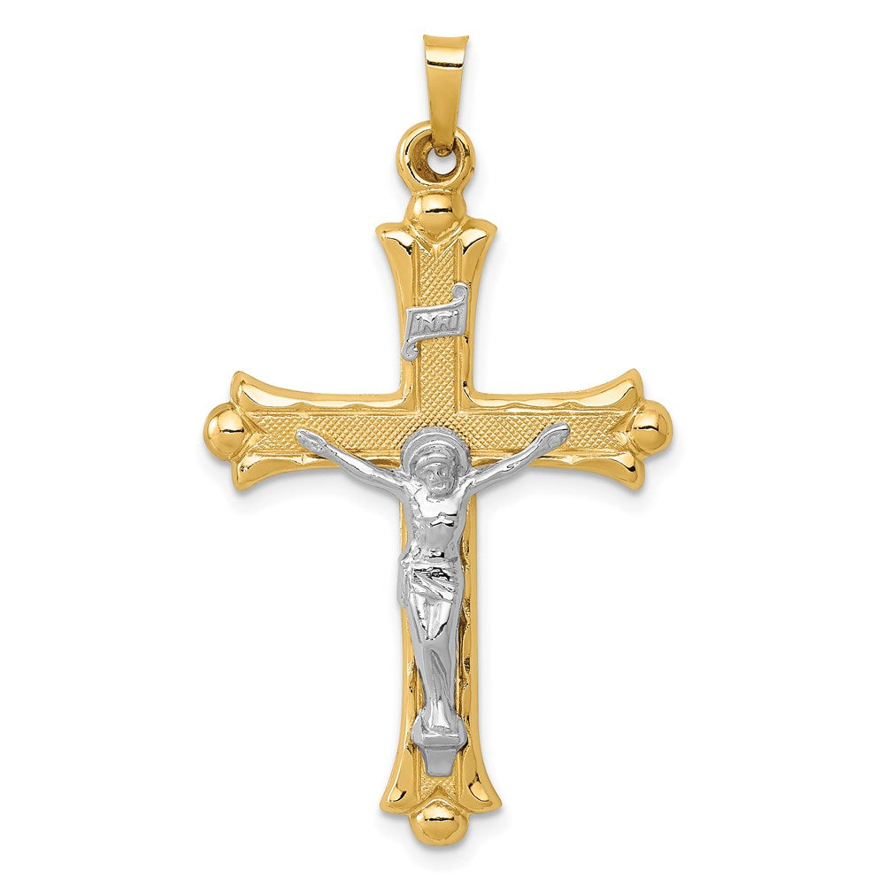 14k Two-Tone Textured and Polished INRI Crucifix Pendant, 40 x 23.5 mm