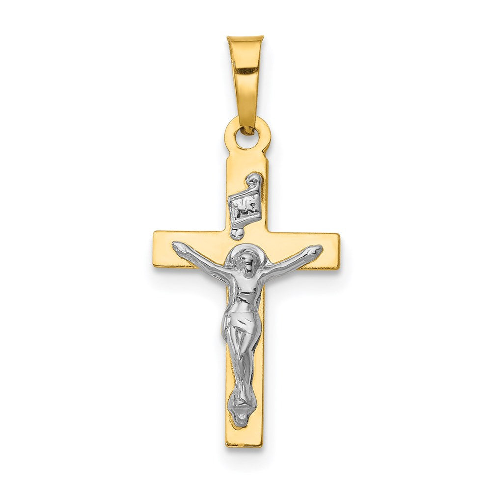 14K and White Rhodium Polished Inri Crucifix Pendant, 24 x 11.5 mm