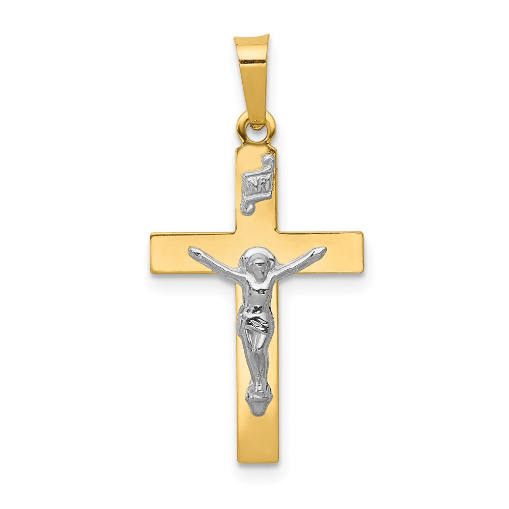 14K and White Rhodium Polished Inri Crucifix Pendant, 27 x 14 mm