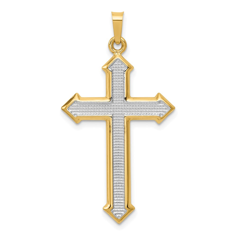 14k and White Rhodium Polished and Textured Passion Cross Pendant, 38.47 x 21.11 mm