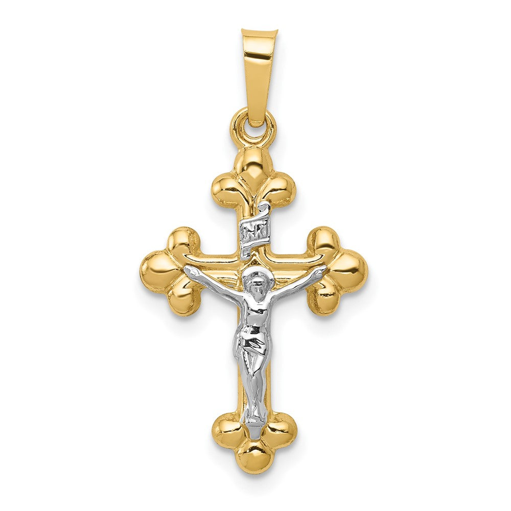 14k Two-tone Polished Budded INRI Crucifix Pendant, 27 x 14 mm