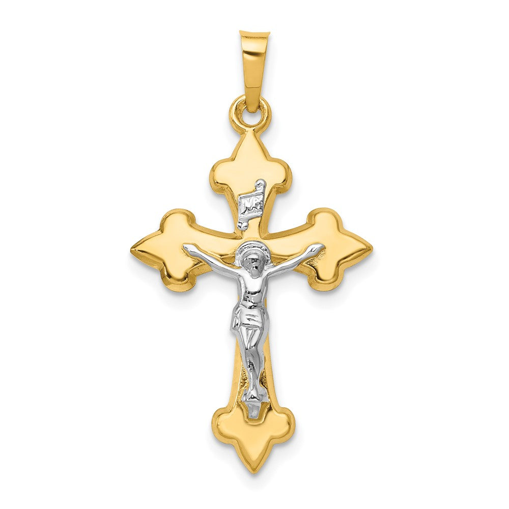 14k Two-tone Polished Fleur de Lis INRI Crucifix Pendant, 32 x 18 mm