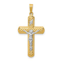 14k Two-tone Polished and Textured INRI Crucifix Pendant, 32 x 17 mm