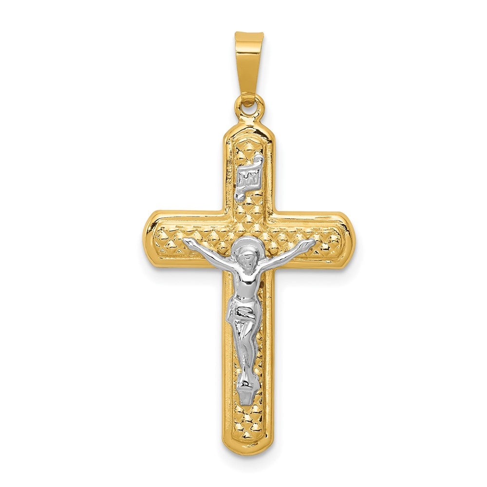 14k Two-tone Polished and Textured INRI Crucifix Pendant, 32 x 17 mm
