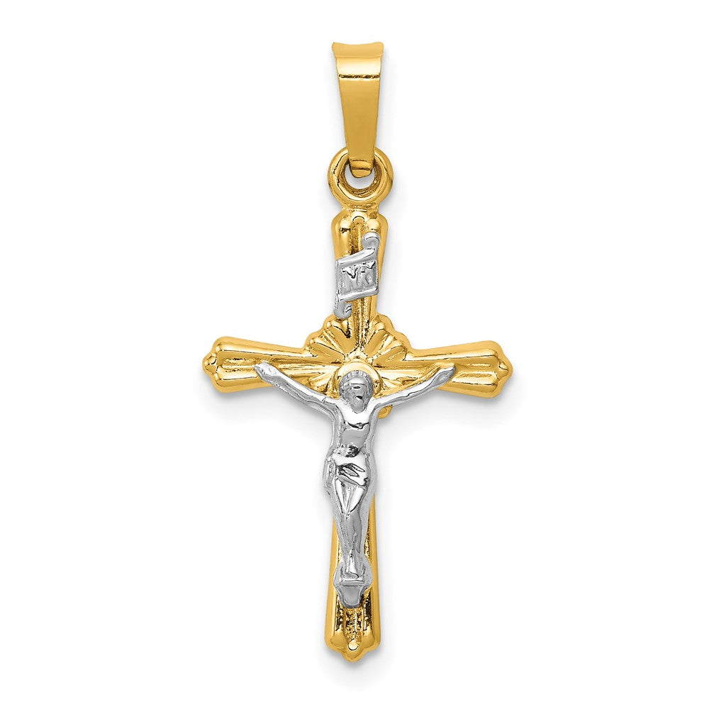 14k Two-tone Flower Center INRI Crucifix Pendant, 25 x 18.75 mm