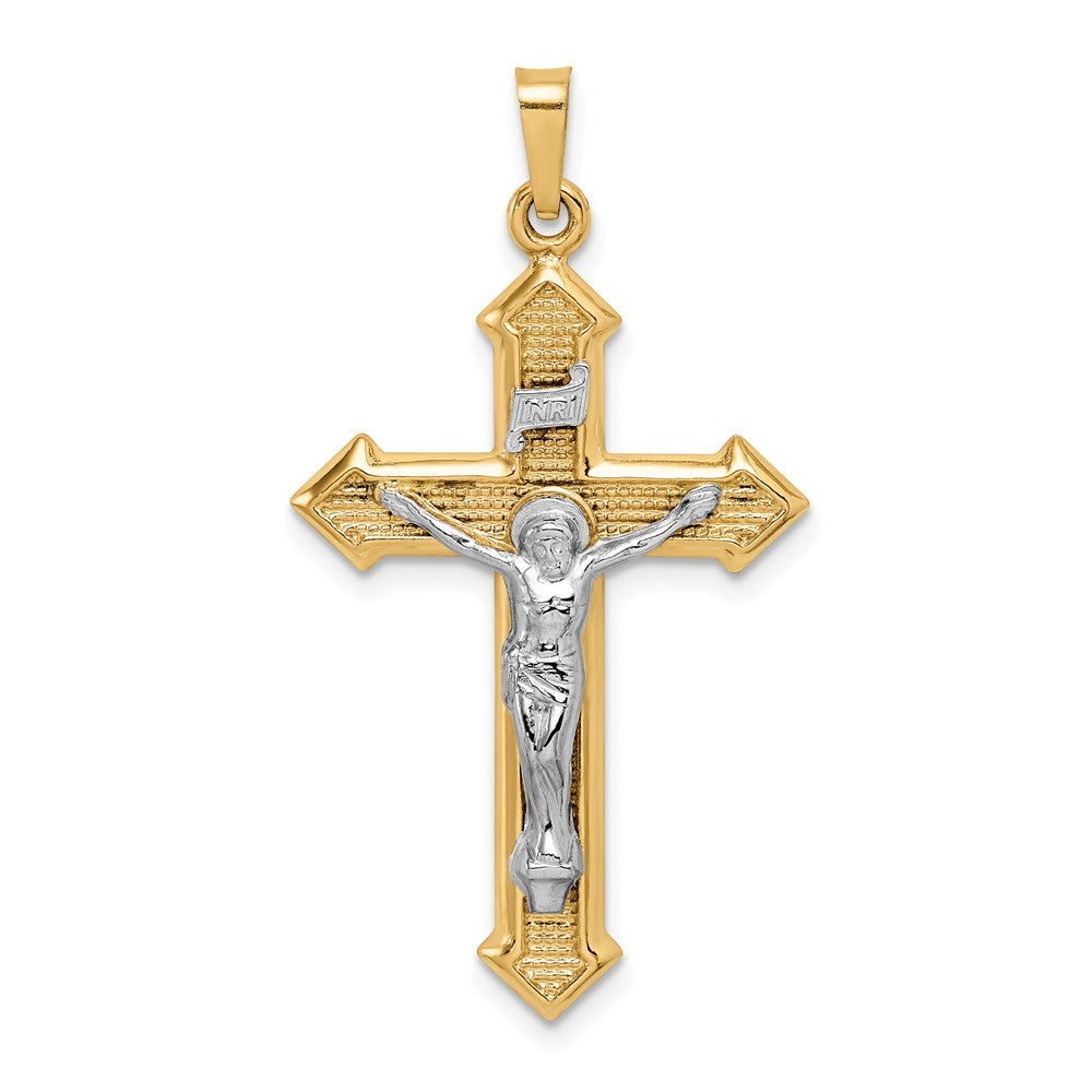 14k Two-tone Polished and Textured INRI Crucifix Pendant, 38.25 x 21 mm