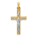 14k Two-tone Polished Lattice Textured INRI Crucifix Pendant, 30 x 14.5 mm