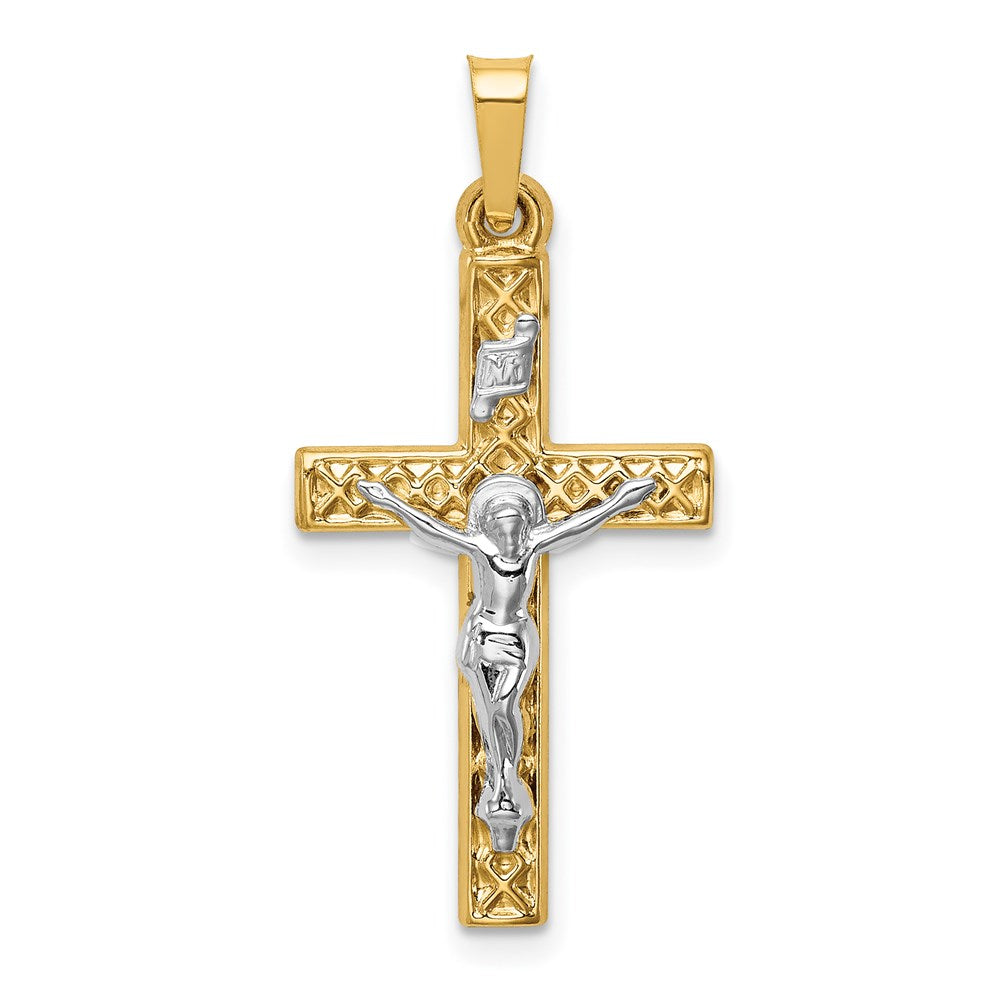14k Two-tone Polished Lattice Textured INRI Crucifix Pendant, 30 x 14.5 mm