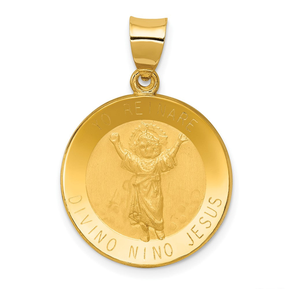14K Polished Satin Hollow Spanish Divino Nino Round Medal Pendant, 19 x 19 mm