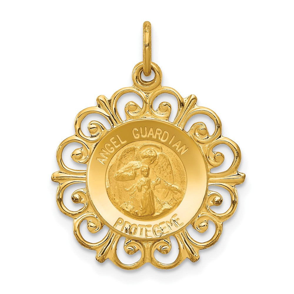 14k Polished and Satin Hollow Spanish Guardian Angel Medal Round Pendant, 24 x 18.7 mm