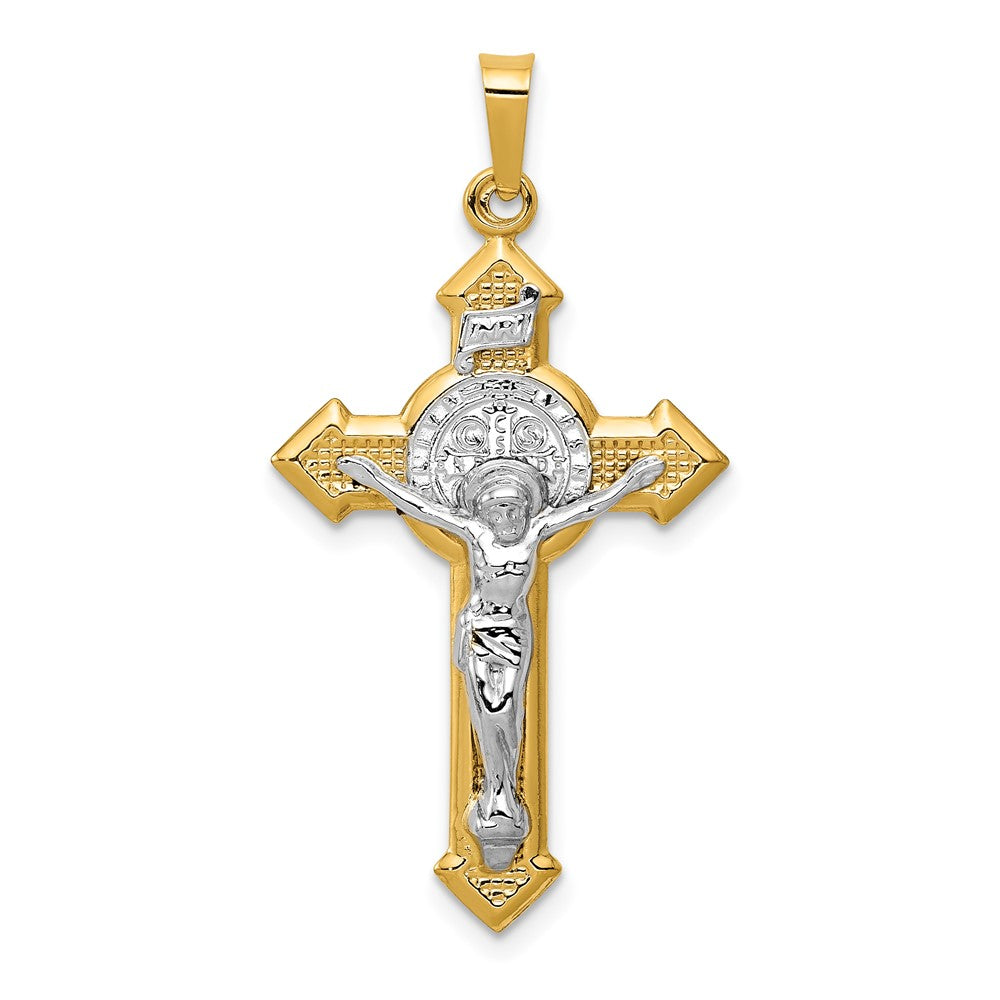 14k and White Rhodium St. Benedict Hollow Medal INRI Crucifix Pendant, 37.5 x 19.5 mm