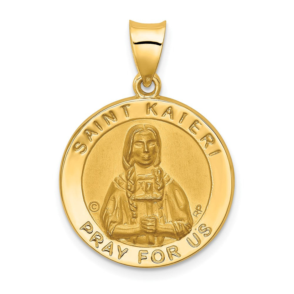 14K Polished and Satin Hollow St. Kateri Medal Round Pendant, 26.5 x 18.7 mm