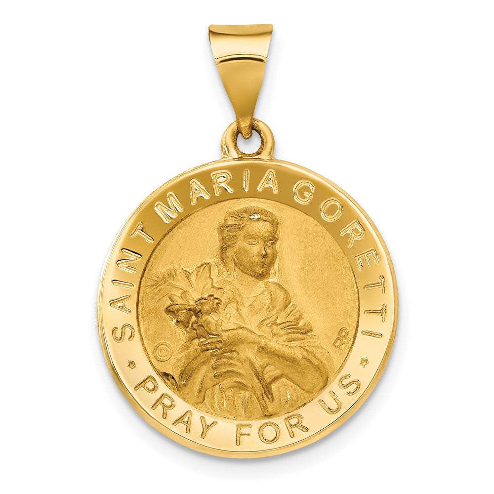 14K Polished and Satin Hollow St. Maria Goretti Medal Round Pendant, 25.1 x 18.8 mm