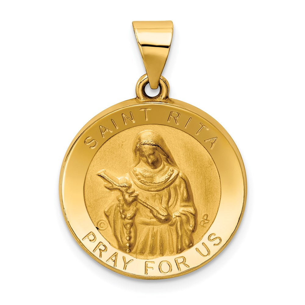 14K Polished and Satin Hollow St. Rita Medal Round Pendant, 26.2 x 18.7 mm