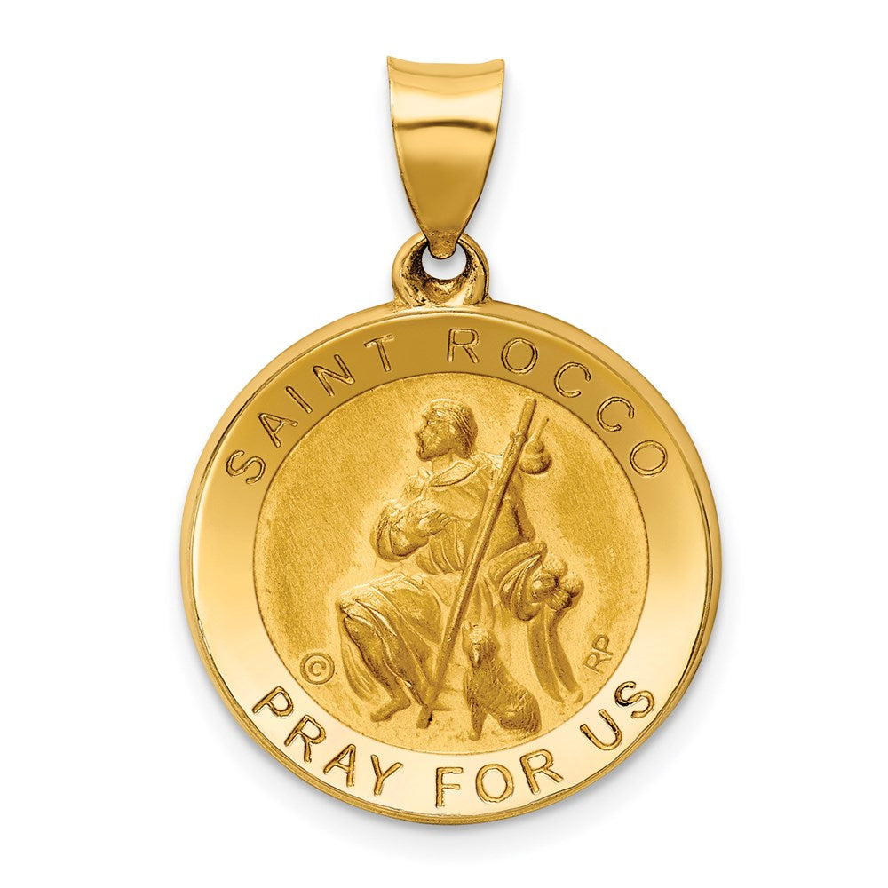 14K Polished and Satin Hollow St. Rocco Medal Round Pendant, 26.4 x 18.7 mm