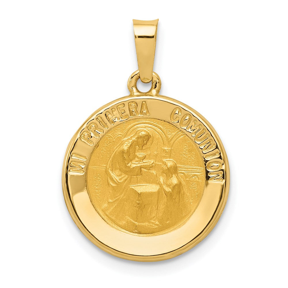 14k Polished and Satin Hollow Spanish Mi Primera Comunion Medal Round Pendant, 22.9 x 14.6 mm