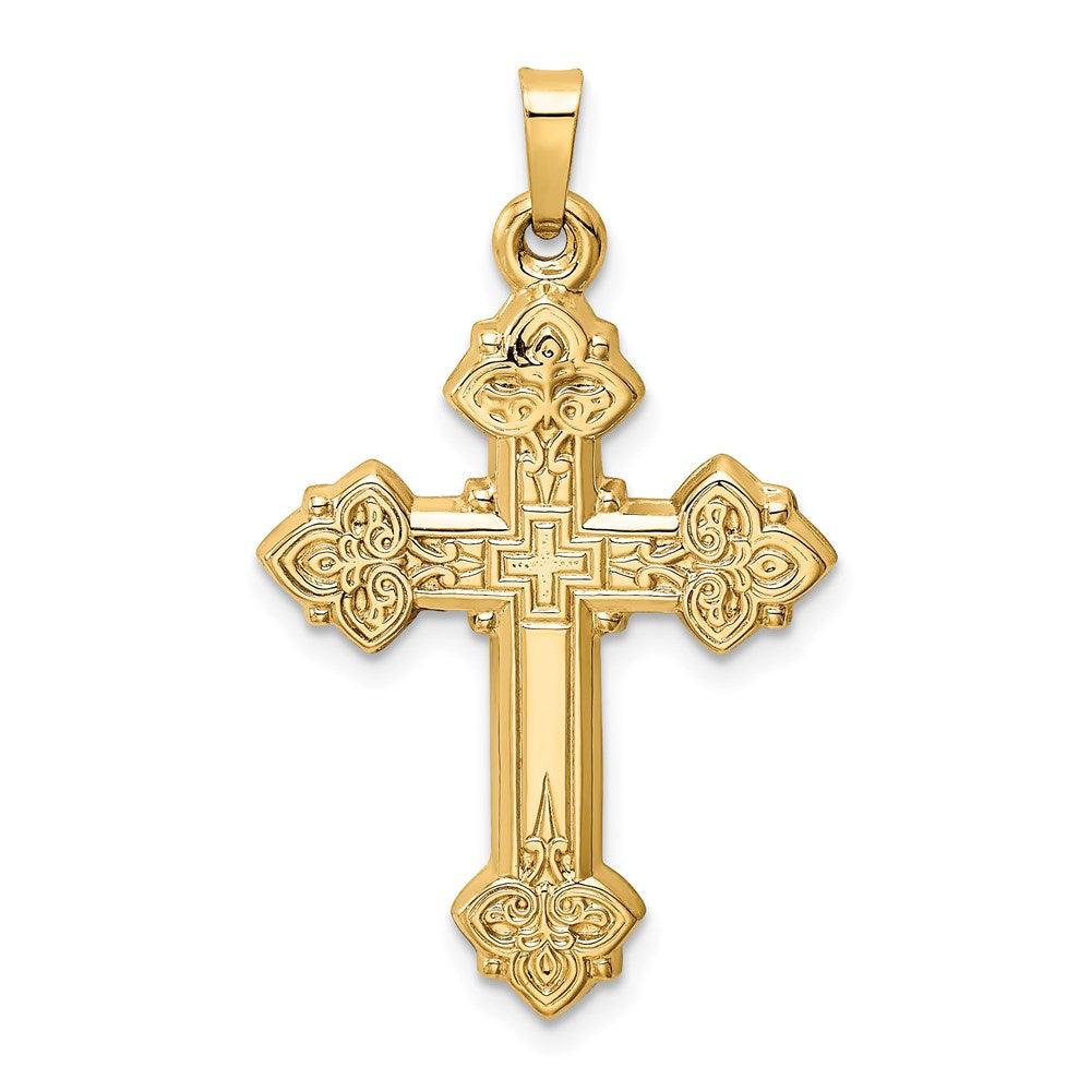 14k Budded Hollow Cross Pendant, 39 x 21 mm