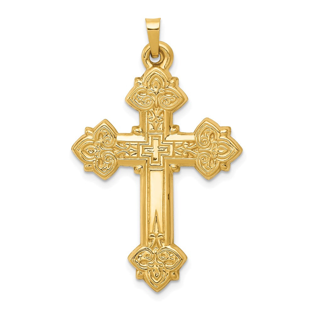 14k Hollow Fleur de Lis Cross Pendant, 42 x 26 mm