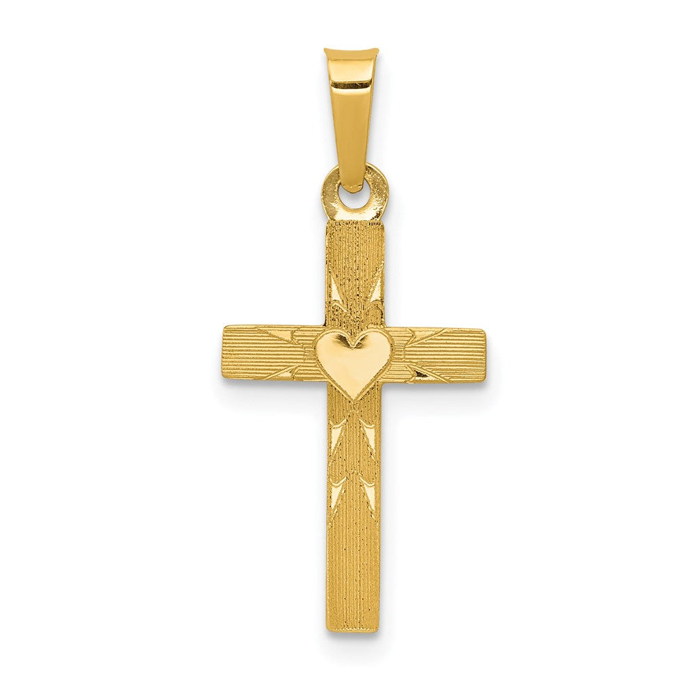 14k Small Hollow Textured with Heart Reversible to All Polished Cross Charm, 24 x 11 mm
