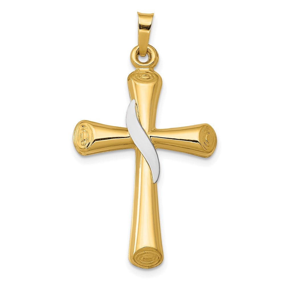 14K Two-Tone Hollow Cross with Drape Pendant, 35 x 19 mm
