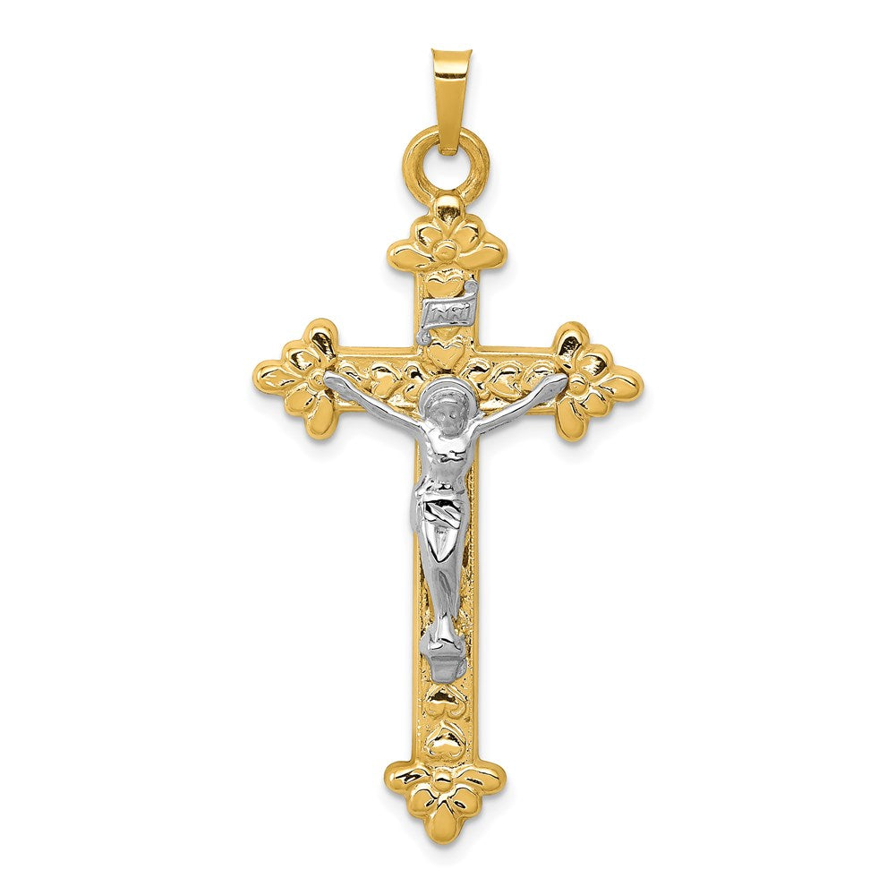14k Two-tone INRI Hollow Crucifix Pendant, 45 x 22 mm