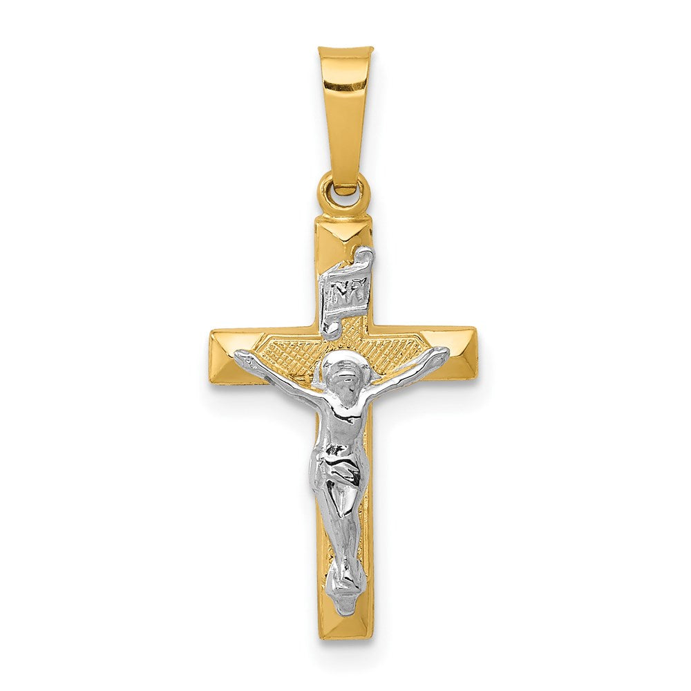14k Two-tone INRI Hollow Crucifix Pendant, 25 x 12 mm, 0.48 g