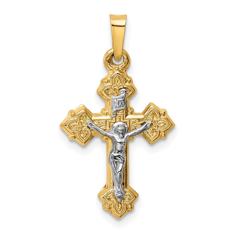 14k Two-tone INRI Hollow Crucifix Pendant, 28 x 15 mm