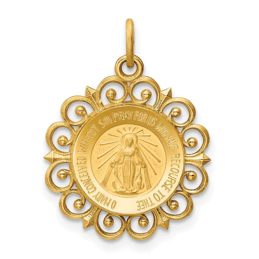 14k Polished and Satin Solid Miraculous Medal with Scallop Frame Round Charm, 23 x 19 mm
