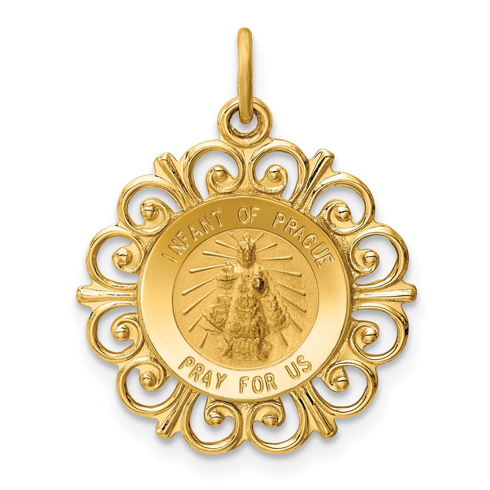 14k Polished and Satin Solid Infant of Prague Medal Scalloped Edge Round Charm, 24 x 19 mm